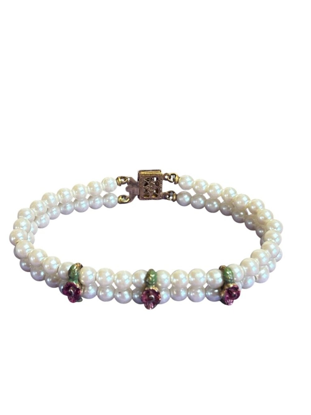 Vintage 2 Strand Faux Pearl Beaded Bracelet Roses Goldtone Box Clasp 6.5 inches